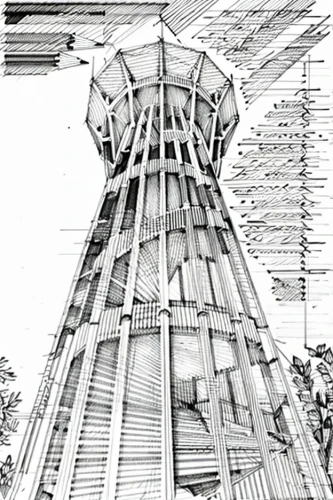 sugar cane press,observation tower,shot tower,fire tower,rotary elevator,dovecote,historic windmill,roof structures,straw press,impact tower,guillotine,cone,salt mill,multi-story structure,water wheel,belfry,diving bell,straw roofing,electric tower,wigwam,Design Sketch,Design Sketch,Pencil Line Art