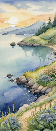 coastal landscape,beach landscape,watercolor background,sea landscape,landscape with sea,coastal road,seaside view,salt meadow landscape,an island far away landscape,pebble beach,beach scenery,landscape background,coastline,pacific coastline,mountain beach,watercolor,the coast,sea-shore,seaside country,peninsula,Illustration,Retro,Retro 19