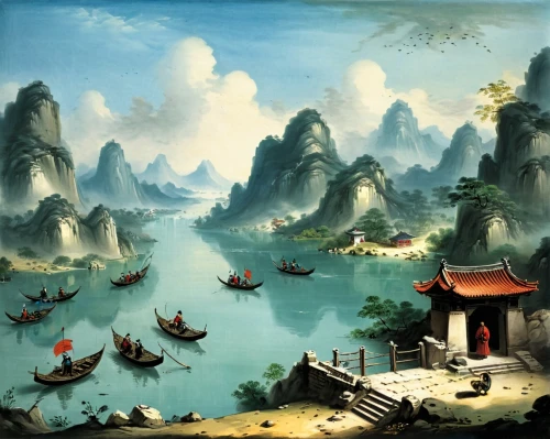 chinese art,oriental painting,chinese background,chinese clouds,coastal landscape,nước chấm,landscape background,dongfang meiren,fantasy landscape,luo han guo,fishing village,sea landscape,chinese temple,huangshan maofeng,xing yi quan,guilin,chinese screen,danyang eight scenic,viet nam,ham ninh,Art,Classical Oil Painting,Classical Oil Painting 35