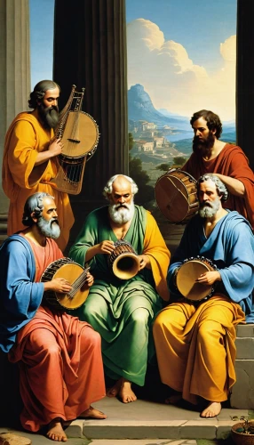 musicians,school of athens,disciples,the twelve apostles,church painting,wise men,old testament,twelve apostle,pythagoras,cavaquinho,trumpet of jericho,the three wise men,serenade,three wise men,biblical narrative characters,contemporary witnesses,greek in a circle,street musicians,new testament,preachers,Art,Classical Oil Painting,Classical Oil Painting 25
