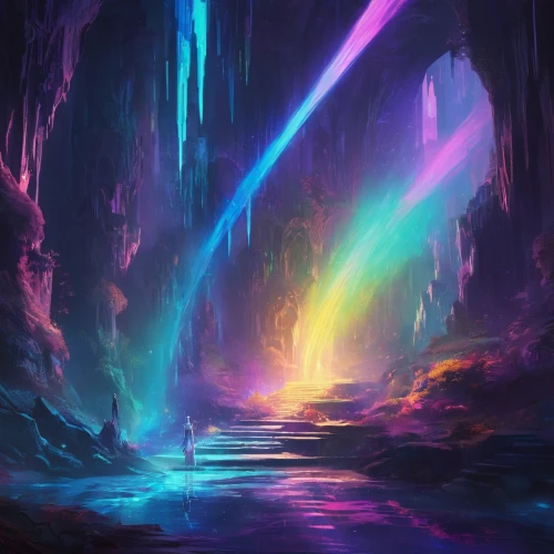 iridescent,prism,rainbow pencil background,ice cave,colorful light,rainbow bridge,beam of light,light spectrum,rainbow color palette,chasm,rainbow background,aura,spectral colors,fantasy landscape,descent,spectrum,light space,vast,opal,rainbow and stars,Conceptual Art,Fantasy,Fantasy 02