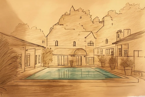 house drawing,pool house,mansion,houses clipart,luxury property,sketch pad,3d rendering,concept art,vintage drawing,thermae,home landscape,clay house,chateau,swimming pool,bendemeer estates,luxury home,gleneagles hotel,house painting,hand-drawn illustration,country estate