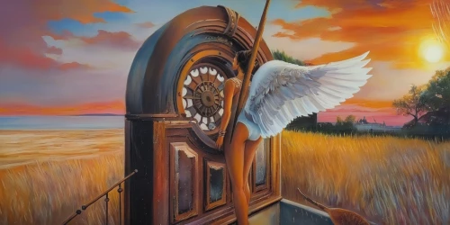 angel playing the harp,oil painting on canvas,harp player,harp of falcon eastern,celtic harp,ships wheel,harp,oil painting,oil on canvas,art painting,trumpet of the swan,sun dial,grandfather clock,harp with flowers,ancient harp,the gramophone,old clock,musical instrument,church painting,sailing wing,Illustration,Paper based,Paper Based 04
