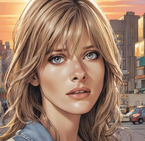 laurie 1,sci fiction illustration,lori,city ​​portrait,blonde woman,portrait background,comic book,clementine,head woman,cg artwork,edit icon,farrah fawcett,background image,blonde girl,blonde woman reading a newspaper,game illustration,emily,the girl's face,angel face,catarina,Digital Art,Comic