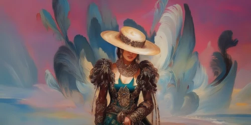 the hat of the woman,fashion illustration,woman's hat,the hat-female,southwestern,feather headdress,sombrero mist,sombrero,western pleasure,suit of the snow maiden,high sun hat,fantasy woman,headdress,world digital painting,sorceress,fantasy portrait,girl on the dune,cowboy hat,woman walking,turquoise wool,Illustration,Paper based,Paper Based 04