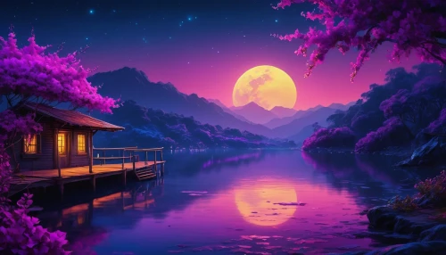 purple landscape,purple wallpaper,fantasy landscape,fantasy picture,evening lake,purple moon,landscape background,moonlit night,moon and star background,dusk background,moonrise,dusk,world digital painting,hd wallpaper,full hd wallpaper,moon at night,tranquility,hanging moon,beautiful lake,dream world,Photography,General,Fantasy