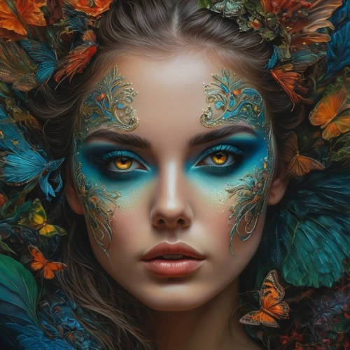 fantasy portrait,fairy peacock,faery,faerie,fantasy art,peacock,mystical portrait of a girl,peacock eye,ulysses butterfly,masquerade,blue peacock,dryad,flora,flower fairy,girl in a wreath,world digital painting,boho art,fantasy woman,bodypainting,fractals art,Photography,General,Fantasy