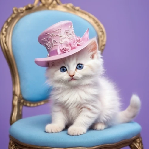 tea party cat,pink cat,kitten hat,blue eyes cat,cute cat,cat with blue eyes,doll cat,pink hat,little hat,cat on a blue background,napoleon cat,blossom kitten,hat,beautiful bonnet,top hat,turkish angora,animals play dress-up,birman,white fur hat,kitten