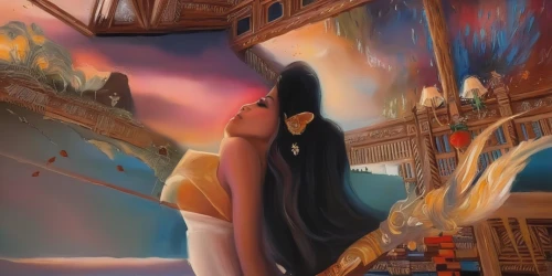 sea fantasy,mulan,fantasia,rapunzel,girl on the boat,the sea maid,jasmine,fantasy art,the wind from the sea,world digital painting,fantasy picture,galleon,tangled,meticulous painting,moana,ariel,black pearl,scarlet sail,adrift,at sea,Illustration,Paper based,Paper Based 04