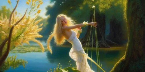 rusalka,the blonde in the river,water nymph,fantasy picture,dryad,faerie,water-the sword lily,faery,fantasy art,weeping willow,merfolk,girl on the river,idyll,celtic harp,ephedra,the enchantress,in the tall grass,reed grass,fantasy portrait,lilly of the valley,Illustration,Realistic Fantasy,Realistic Fantasy 03