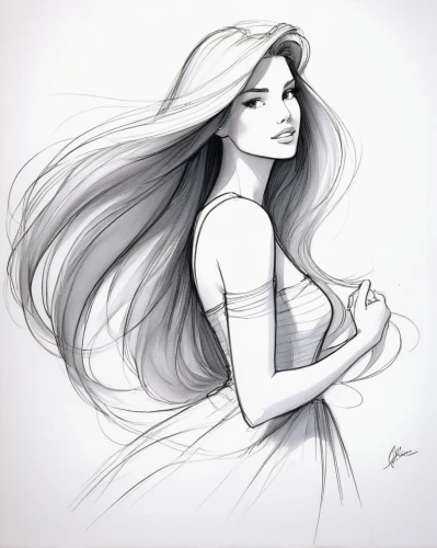 fashion illustration,girl drawing,oriental longhair,celtic woman,jasmine,rapunzel,pencil drawings,girl in a long dress,pencil drawing,line-art,girl on a white background,hand-drawn illustration,gardenia,girl in a long,fashion sketch,ariel,ilustration,british semi-longhair,illustrator,girl portrait,Illustration,Black and White,Black and White 08
