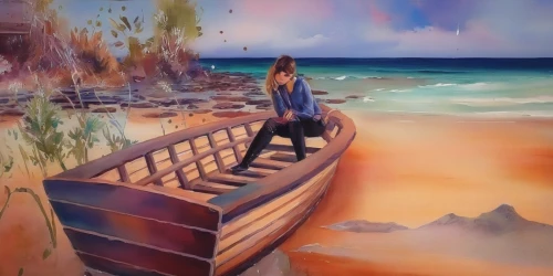 girl on the boat,girl on the dune,photo painting,beach landscape,wooden pier,beach background,watercolor background,mona vale,bench by the sea,beach scenery,world digital painting,board walk,oil painting,dahab island,shipwreck beach,sea landscape,tamarama,oil painting on canvas,boat landscape,wooden boat,Illustration,Paper based,Paper Based 04