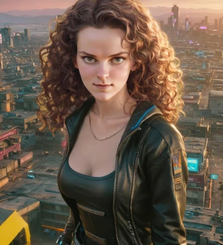 above the city,merida,avenger,daisy jazz isobel ridley,cg artwork,jacket,catwoman,city ​​portrait,head woman,cityscape,samara,leather jacket,metropolis,rooftop,artemisia,lena,black widow,city view,bangkok,cg