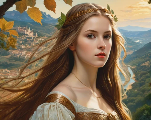 fantasy portrait,mystical portrait of a girl,rapunzel,fantasy art,romantic portrait,portrait of a girl,celtic queen,fantasy picture,jessamine,world digital painting,elven,young woman,portrait background,golden crown,girl on the river,girl portrait,fantasy woman,the enchantress,heroic fantasy,fairy tale character,Conceptual Art,Fantasy,Fantasy 05
