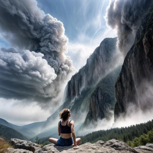 meditate,natural phenomenon,cloud mountain,nature's wrath,mother nature,volcanic landscape,atmospheric phenomenon,yosemite,fantasy picture,mother earth,smoking crater,carbon dioxide therapy,majestic nature,geological phenomenon,landscapes beautiful,mother earth squeezes a bun,mountain scene,the natural scenery,photo manipulation,the eruption