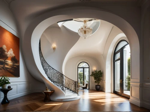 circular staircase,winding staircase,vaulted ceiling,hallway space,entrance hall,outside staircase,staircase,arches,penthouse apartment,pointed arch,interior design,art nouveau design,spiral staircase,hallway,round window,stairwell,art nouveau,interior decor,loft,round arch,Photography,General,Natural