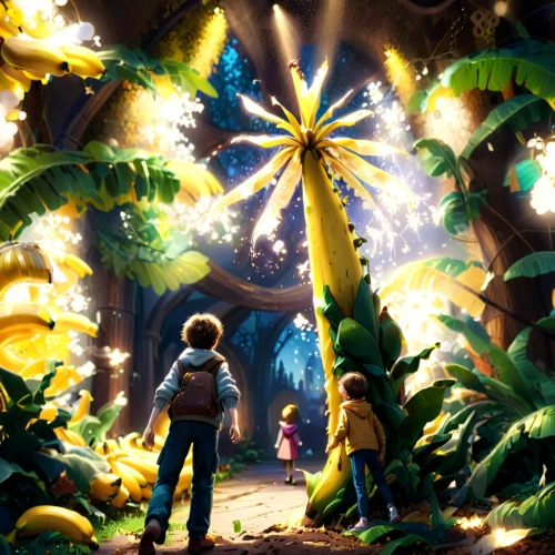 fairy world,dandelion hall,fairy village,children's background,fairy forest,animal kingdom,rainforest,rain forest,yellow garden,3d fantasy,fantasy world,magical adventure,bird kingdom,enchanted forest,dream world,tropical jungle,pineapple farm,tree of life,children's interior,banana trees,Anime,Anime,Cartoon