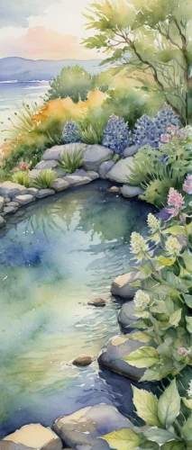 brook landscape,watercolor background,garden pond,river landscape,koi pond,pond flower,water scape,pond plants,mountain spring,waterscape,water colors,flower water,flowing creek,crescent spring,water color,sea landscape,lily pond,coastal landscape,springtime background,pond,Illustration,Paper based,Paper Based 11