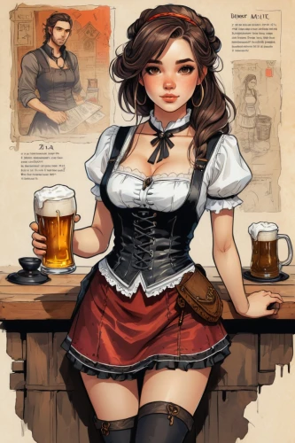 barmaid,waitress,oktoberfest background,bartender,bavarian,oktoberfest,oktoberfest celebrations,pub,glasses of beer,draft beer,bavarian swabia,irish coffee,irish pub,barista,steampunk,tavern,newcastle brown ale,beer stein,beer,scotsman,Illustration,Paper based,Paper Based 07