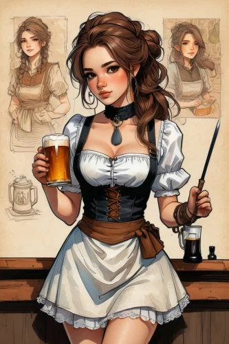 barmaid,bartender,bavarian,oktoberfest,oktoberfest celebrations,oktoberfest background,waitress,victorian lady,milkmaid,pub,coffee tea illustration,barista,tavern,girl in the kitchen,apfelwein,maid,brown sailor,victorian style,beer stein,woman drinking coffee,Illustration,Paper based,Paper Based 07