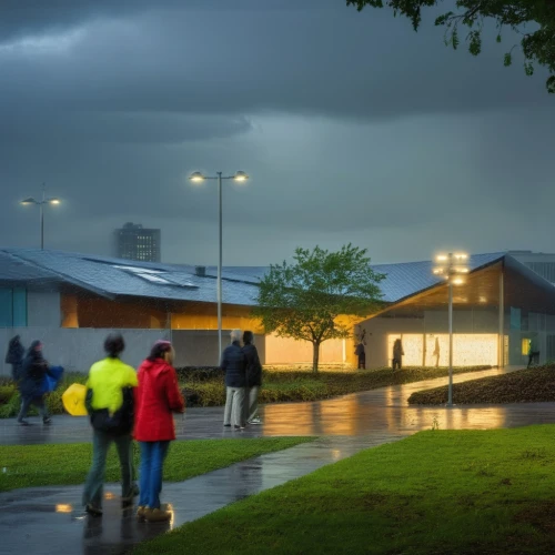 kettunen center,school design,leisure centre,sport venue,community centre,thunderstorm,elementary school,a thunderstorm cell,tilt shift,rainstorm,stormy,rain clouds,raindops,flood light bulbs,people walking,clubhouse,monsoon,seyðisfjörður,monsoon banner,walking in the rain,Photography,General,Realistic