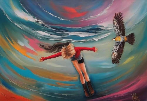 indigenous painting,feather on water,bird painting,oil painting on canvas,art painting,dance with canvases,flying birds,oil painting,boho art,hawk feather,flying girl,birds of the sea,aztec gull,falconer,warrior woman,world digital painting,painting technique,oil on canvas,meticulous painting,artistic roller skating,Illustration,Paper based,Paper Based 04