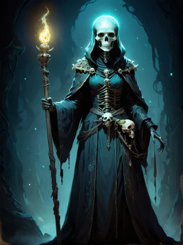 undead warlock,skeleltt,grimm reaper,grim reaper,dance of death,blue enchantress,death god,magistrate,danse macabre,skeleton key,dark elf,sorceress,magus,skull rowing,prejmer,dodge warlock,sterntaler,skull bones,day of the dead skeleton,reaper,Illustration,Realistic Fantasy,Realistic Fantasy 15