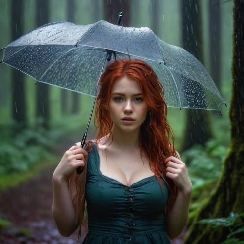 in the forest,poison ivy,fae,in the rain,walking in the rain,umbrella,faery,celtic woman,redheads,ballerina in the woods,in green,faerie,red-haired,rain forest,redhair,elven forest,green forest,green dress,forest background,redhead,Conceptual Art,Fantasy,Fantasy 16