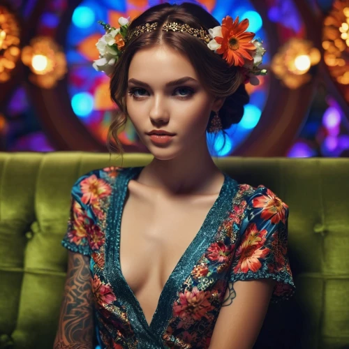 beautiful girl with flowers,vintage floral,flowered tie,colorful floral,floral,retro flowers,smoking girl,tattoo girl,girl in flowers,vintage girl,vintage woman,retro girl,vintage flowers,romantic portrait,retro woman,exotic flower,flora,girl smoke cigarette,garden pipe,with a bouquet of flowers,Photography,General,Realistic