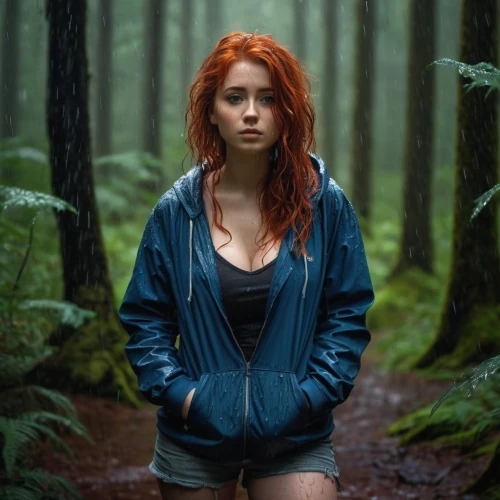 in the forest,windbreaker,forest floor,clary,farmer in the woods,forest,redhair,rain forest,raincoat,forest background,the woods,the forest,redheads,red-haired,forest walk,ferns,forest clover,forest dark,mystical portrait of a girl,red riding hood,Conceptual Art,Fantasy,Fantasy 16