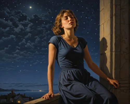 la violetta,the girl in nightie,night scene,astronomer,woman playing,girl in a long dress,world digital painting,feist,romantic portrait,falling star,moonlit night,night stars,oil painting,carol m highsmith,nightgown,digital painting,the night sky,oil painting on canvas,sci fiction illustration,starry night