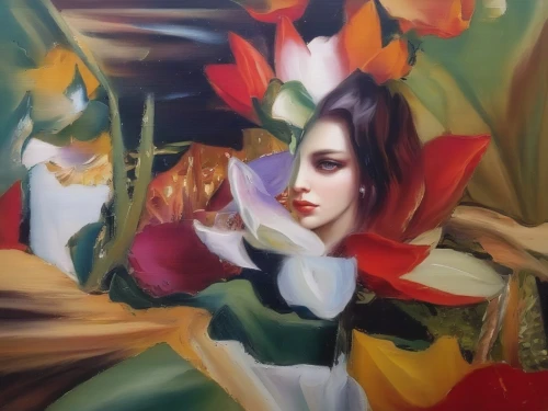 girl in flowers,girl in a wreath,lillies,kahila garland-lily,lilies,flower painting,meticulous painting,oil painting,flora,girl in the garden,italian painter,torch lilies,oil on canvas,lady tulip,oil painting on canvas,girl picking flowers,tulip bouquet,cluster-lilies,geisha,painting technique,Illustration,Paper based,Paper Based 04
