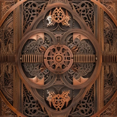 patterned wood decoration,mandelbulb,carved wood,cog,psaltery,steampunk gears,ornamental wood,grandfather clock,panel,iron door,wood structure,portal,circular ornament,intricate,wooden door,art nouveau frame,wood carving,decorative fan,art nouveau design,ornamental dividers,Illustration,Realistic Fantasy,Realistic Fantasy 13