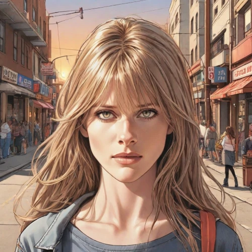 blonde woman,blonde girl,the girl's face,city ​​portrait,girl walking away,blond girl,a pedestrian,the girl at the station,girl portrait,portrait of a girl,pedestrian,book cover,young woman,girl in a long,sci fiction illustration,mystery book cover,clementine,world digital painting,girl with speech bubble,girl with bread-and-butter,Digital Art,Comic