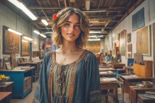 artist portrait,librarian,girl portrait,woman portrait,mystical portrait of a girl,boho art,portrait of a girl,art model,italian painter,athens art school,art dealer,fantasy portrait,portrait of christi,girl in a historic way,antiquariat,portait,boho,photo painting,girl in a long dress,painting technique,Photography,Realistic