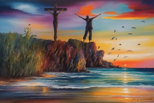 church painting,jesus christ and the cross,bird island,coastal landscape,the cross,the crucifixion,jesus on the cross,jesus cross,oil painting on canvas,landscape background,art painting,easter sunrise,an island far away landscape,crucifix,landscape with sea,beach landscape,sea landscape,way of the cross,oil painting,bird painting,Illustration,Paper based,Paper Based 04