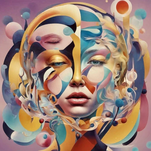 psychedelic art,multicolor faces,swirling,kaleidoscope art,distorted,abstract artwork,kaleidoscope,oil painting on canvas,psychedelic,facets,circles,infusion,meridians,kaleidoscopic,head woman,golden wreath,tangle,aura,girl in a wreath,spheres