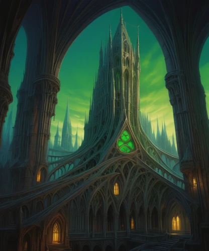 haunted cathedral,gothic architecture,hall of the fallen,heroic fantasy,northrend,fantasy city,hogwarts,fantasy landscape,concept art,castle of the corvin,cathedral,arcanum,gothic church,fantasy picture,fantasy art,3d fantasy,green aurora,spire,horn of amaltheia,fantasy world,Conceptual Art,Fantasy,Fantasy 01