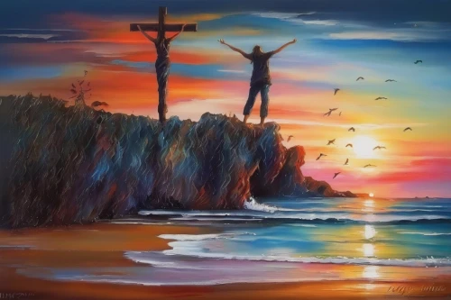 the crucifixion,jesus on the cross,jesus christ and the cross,jesus cross,the cross,church painting,crucifix,way of the cross,beach landscape,cross under the point,calvary,oil painting on canvas,baptism of christ,art painting,landscape background,oil painting,cross,easter sunrise,coastal landscape,sunrise beach,Illustration,Paper based,Paper Based 04
