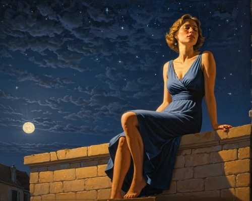 night scene,the girl in nightie,la violetta,art deco woman,moonlit night,carol m highsmith,ann margarett-hollywood,girl on the stairs,girl in a long dress,moonlit,night watch,woman with ice-cream,romantic portrait,lady of the night,woman thinking,night administrator,blue moon,moon night,astronomer,cigarette girl