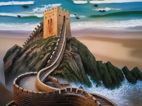 azenhas do mar,kings landing,peter-pavel's fortress,lighthouse,world digital painting,water castle,gaztelugatxe,knight's castle,summit castle,ruined castle,tower of babel,3d fantasy,fantasy picture,sea stack,watchtower,sea fantasy,medieval castle,galician castle,coastal landscape,tantallon castle,Illustration,Paper based,Paper Based 04