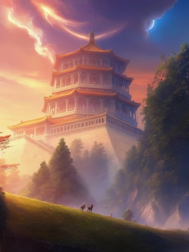 fantasy landscape,hall of supreme harmony,forbidden palace,fantasy picture,the golden pavilion,golden pavilion,world digital painting,landscape background,chinese temple,ancient city,asian architecture,chinese clouds,buddhist temple,japan landscape,pagoda,oriental,chinese architecture,temple fade,chinese background,home landscape,Illustration,Realistic Fantasy,Realistic Fantasy 01