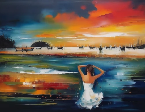 oil painting on canvas,girl on the river,dance with canvases,oil painting,art painting,oil on canvas,sea landscape,swan lake,landscape background,photo painting,girl on the boat,boho art,girl in a long,girl walking away,beach landscape,khokhloma painting,fabric painting,oil paint,painting technique,italian painter,Illustration,Paper based,Paper Based 04