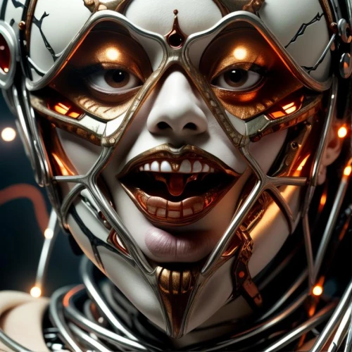 cyborg,biomechanical,metal implants,cybernetics,endoskeleton,light mask,neottia nidus-avis,masquerade,gold mask,head woman,golden mask,humanoid,metal,voodoo woman,cosmetic,hot metal,chainlink,woman face,chrome steel,iron mask hero