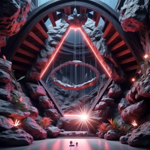 ufo interior,lava cave,portal,chasm,lava,dragon bridge,stargate,futuristic landscape,descent,ark,volcano,helix,devil's bridge,vertigo,heaven gate,portals,hall of the fallen,dungeon,cave,alien world