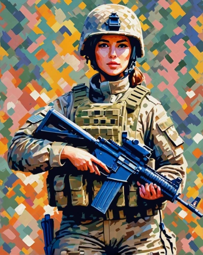 wpap,military camouflage,girl with gun,afghanistan,pixel art,girl with a gun,gi,girl-in-pop-art,popart,woman holding gun,vector girl,operator,armed forces,camo,military,us army,infantry,military person,vector,cool pop art,Conceptual Art,Oil color,Oil Color 10