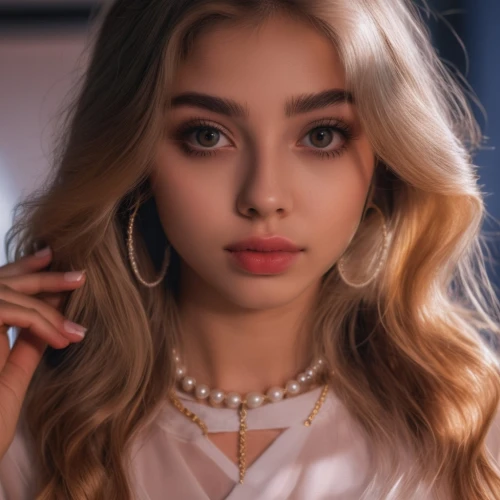 jewelry,eurasian,necklace,gold jewelry,romantic look,beautiful young woman,portrait of a girl,girl portrait,pretty young woman,angel,young woman,angel face,model beauty,elegant,tiktok icon,vintage angel,romantic portrait,beautiful face,earrings,bylina,Photography,General,Realistic