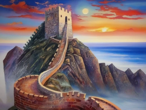 fantasy picture,knight's castle,fantasy art,castle of the corvin,dragon bridge,summit castle,fantasy landscape,rapunzel,kings landing,winding steps,celtic harp,water castle,3d fantasy,fairy tale castle,castel,peter-pavel's fortress,ruined castle,castle bran,sea fantasy,medieval castle,Illustration,Paper based,Paper Based 04