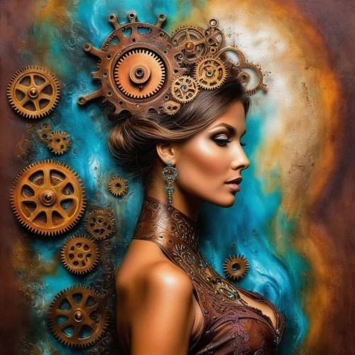 steampunk gears,steampunk,fantasy art,fantasy portrait,the enchantress,mystical portrait of a girl,medusa,blue enchantress,girl with a wheel,fantasy woman,boho art,clockmaker,sculptor,world digital painting,fantasy picture,bodypainting,clockwork,fractals art,the sea maid,transistor,Illustration,Realistic Fantasy,Realistic Fantasy 13