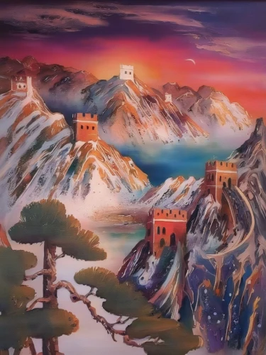 khokhloma painting,peter-pavel's fortress,kings landing,mountain scene,kirghystan,indian art,fantasy landscape,rosa khutor,rila monastery,azerbaijan azn,knight's castle,meteora,ladakh,mountain village,kurdistan,sochi,halic castle,taklamakan,the landscape of the mountains,background image,Illustration,Paper based,Paper Based 04